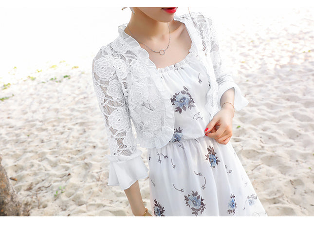Matching Beach Dress Small Shawl Jacket Short Summer Trumpet Sleeve Thin Chiffon Stitching Lace Fairy Small Cardigan