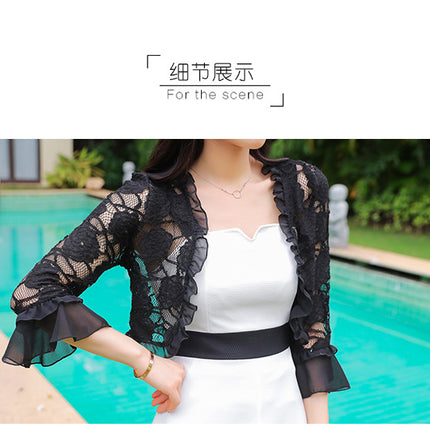 Matching Beach Dress Small Shawl Jacket Short Summer Trumpet Sleeve Thin Chiffon Stitching Lace Fairy Small Cardigan