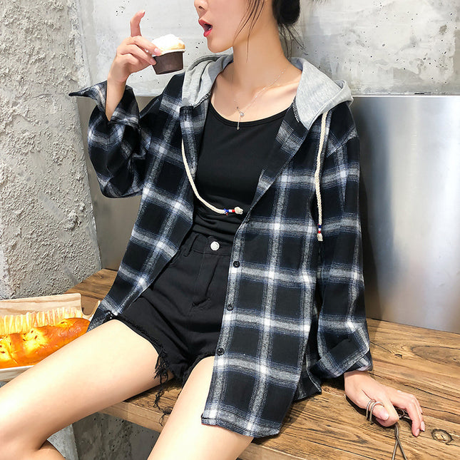 2024 Korean version of hooded bf loose plaid long sleeve shirt women can be shipped season new Harajuku student shirt coat