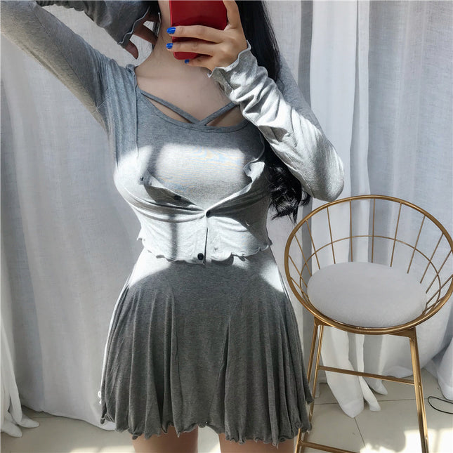 Real shot South Korea Dongdaemun Korean version of micro-through small cardigan + sexy suspenders waist two-piece dress women's fashion