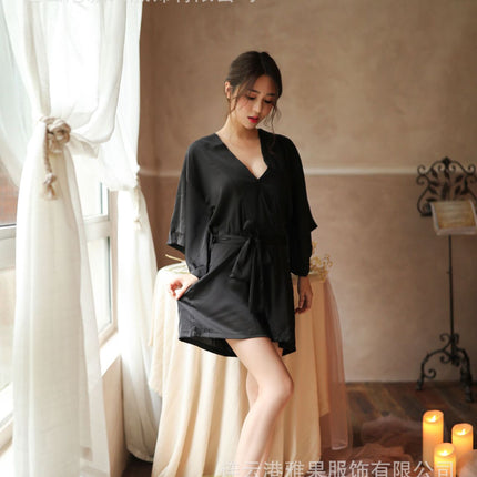 Sexy Home Temptation Bathrobe Women's Silk Short Skirt Simple V-neck Two-color Short-sleeved Nightdress Sexy Underwear Set
