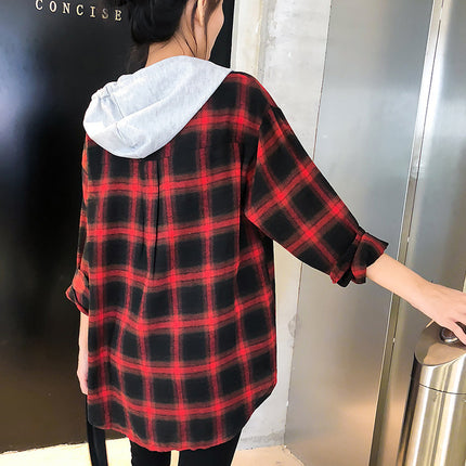 2024 Korean version of hooded bf loose plaid long sleeve shirt women can be shipped season new Harajuku student shirt coat