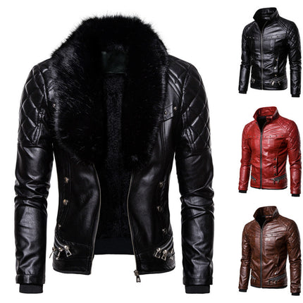 2019 autumn and winter new men's punk style detachable fur collar rivet pressure cotton thick motorcycle leather jacket coat