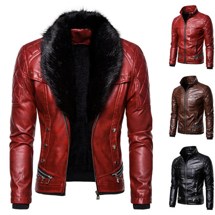 2019 autumn and winter new men's punk style detachable fur collar rivet pressure cotton thick motorcycle leather jacket coat