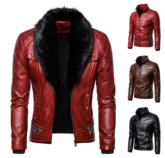 2019 autumn and winter new men's punk style detachable fur collar rivet pressure cotton thick motorcycle leather jacket coat