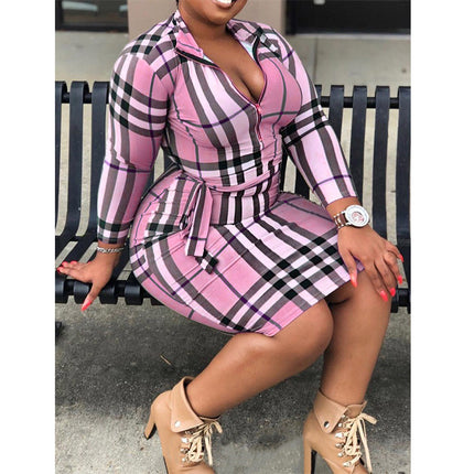Autumn foreign trade plus size women's clothing European and American plus size dress cross-border Amazon explosions sexy slim plaid skirt women
