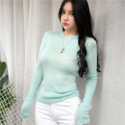 Reality Shot South Korea Dongdaemun Spring and Autumn Slim-fit Sexy Round Neck Micro-transparent Knitted Sweater Women's Long Sleeve T-shirt