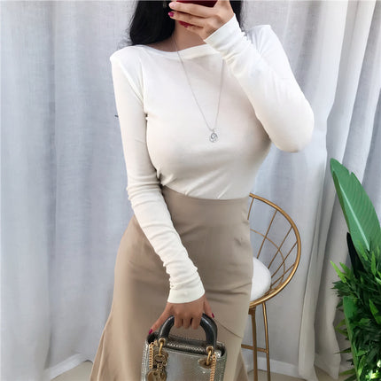 Real Shot Korean Dongdaemun Collar Sexy Slim-fit Slim-fit Soft Thin Long Sleeve Micro-transparent T-shirt Top Women's Clothing