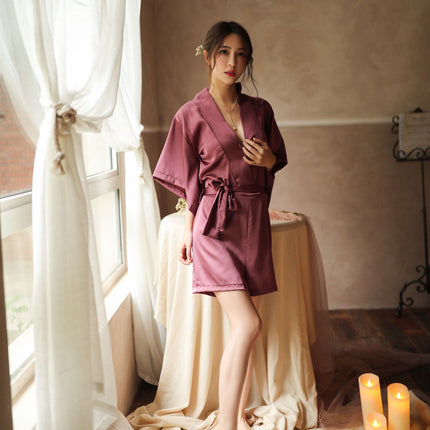 Sexy Home Temptation Bathrobe Women's Silk Short Skirt Simple V-neck Two-color Short-sleeved Nightdress Sexy Underwear Set