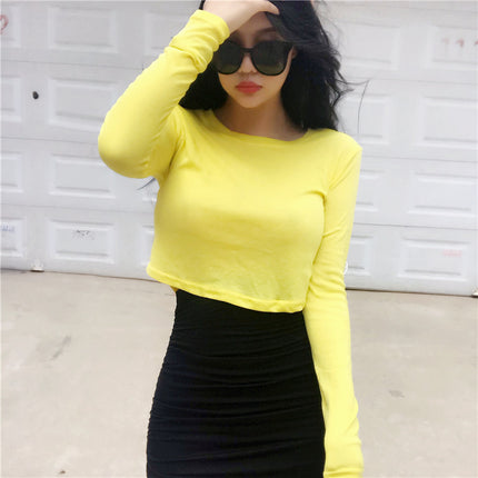 Real Shot Lianda Genuine Korean Spring New Comfortable Micro-transparent Short Navel Sexy Long-sleeve T-shirt Women's Clothing