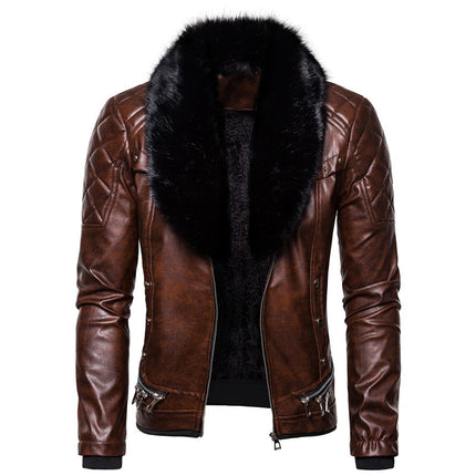 2019 autumn and winter new men's punk style detachable fur collar rivet pressure cotton thick motorcycle leather jacket coat
