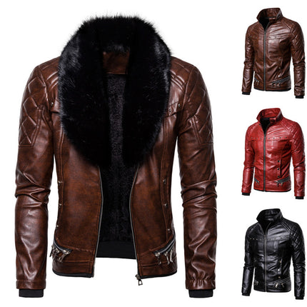 2019 autumn and winter new men's punk style detachable fur collar rivet pressure cotton thick motorcycle leather jacket coat