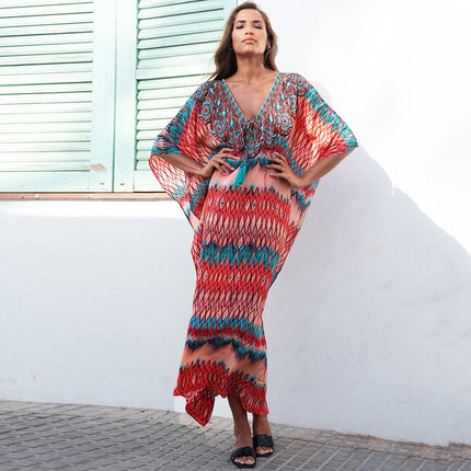 European and American Cross-border Wave Flower Loose Beach Dress Long Gown Seaside Holiday Sun Protection Dress Bikini Swimsuit Blouse