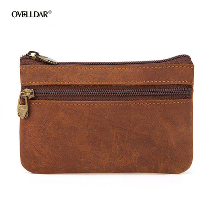 Hot Selling Genuine Leather Zipper Coin Purse Creative Korean Style Crazy Horse Cowhide Coin Bag Car Key Bag Bus Card Bag