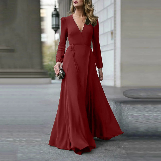 Cross-border European and American Dress V-Neck Long Sleeve Large Swing Lace-up Slim Elegant Amazon Dress Women's Spot Multicolor