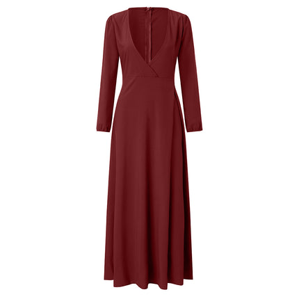 Cross-border European and American Dress V-Neck Long Sleeve Large Swing Lace-up Slim Elegant Amazon Dress Women's Spot Multicolor