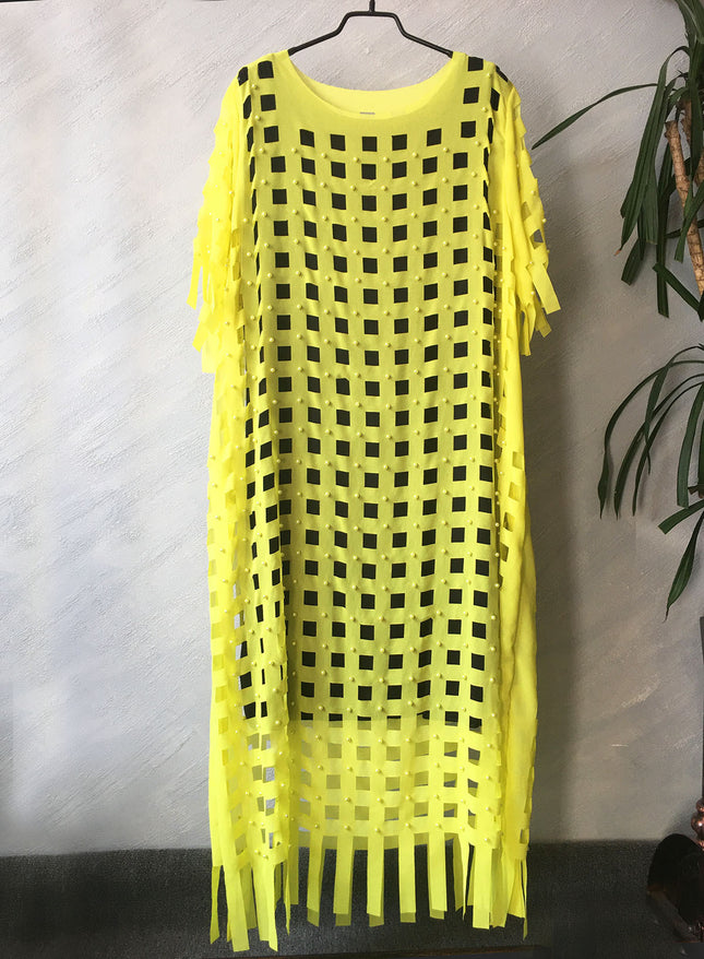 Special clearance supply African fashion women's chiffon loose checkered hollow long T-shirt skirt + stretch vest two pieces