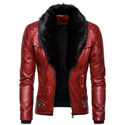 2019 autumn and winter new men's punk style detachable fur collar rivet pressure cotton thick motorcycle leather jacket coat