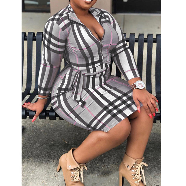 Autumn foreign trade plus size women's clothing European and American plus size dress cross-border Amazon explosions sexy slim plaid skirt women