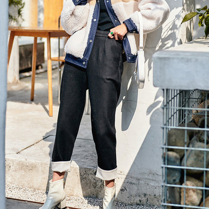 L9037 Winter New Flanging Retro Warm Windproof Hallen Pants High Waist Slimming Straight Small Tapered Casual Pants for Women