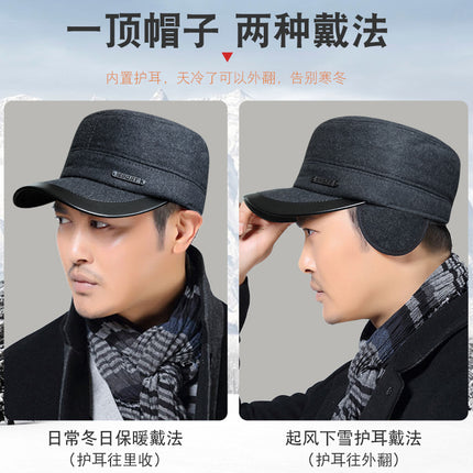 Hat Men's Autumn and Winter Middle-aged and Elderly Woolen Warm Military Cap Ear Protector Thickened Flat Cap Old Man's Cotton Hat Men's Winter