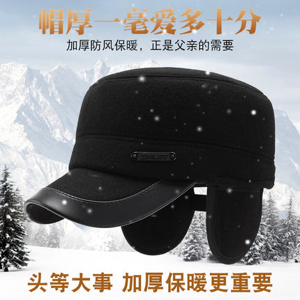 Hat Men's Autumn and Winter Middle-aged and Elderly Woolen Warm Military Cap Ear Protector Thickened Flat Cap Old Man's Cotton Hat Men's Winter