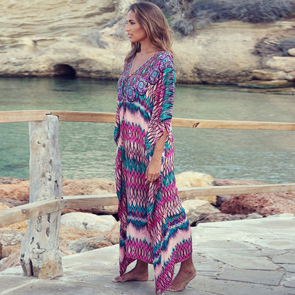 European and American Cross-border Wave Flower Loose Beach Dress Long Gown Seaside Holiday Sun Protection Dress Bikini Swimsuit Blouse