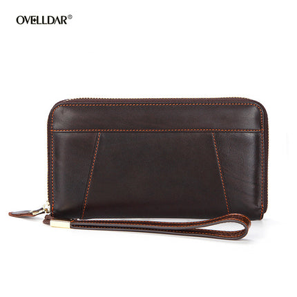 Dropshipping Spot Oil Wax Leather Single Pull Bag First Layer Genuine Leather Long Zipper Bag Retro Hot Selling Cross-Border Wallet