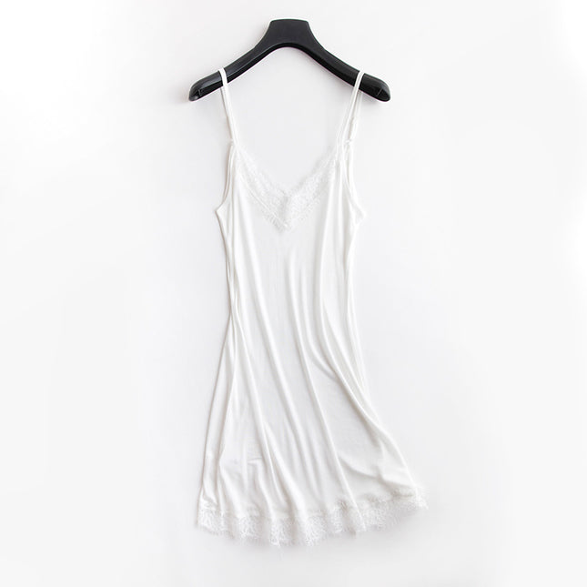 Tangge Spring and Summer Mulberry Silk Loose V-neck Lace Silk Sling Nightdress Sexy Pajamas Silk Base Petticoat