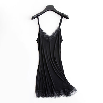 Tangge Spring and Summer Mulberry Silk Loose V-neck Lace Silk Sling Nightdress Sexy Pajamas Silk Base Petticoat