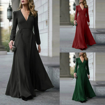 Cross-border European and American Dress V-Neck Long Sleeve Large Swing Lace-up Slim Elegant Amazon Dress Women's Spot Multicolor