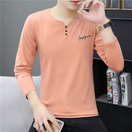 2019 Autumn and Winter Men's 95% Cotton Base Shirt Casual Slim Fit Small V-Neck Buttoned Long-Sleeve T-Shirt Long-Sleeve Base Shirt
