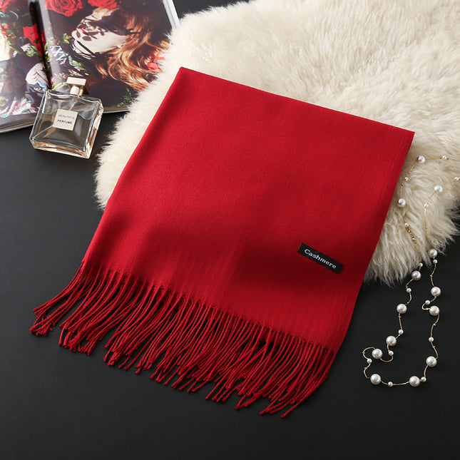 Cross-Border Thorn-Pattern Solid Color Faux Cashmere Scarf for Women, Thick Warm Red Embroidered Printed Event Scarf for Annual Meetings