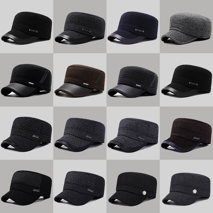 Hat Men's Autumn and Winter Middle-aged and Elderly Woolen Warm Military Cap Ear Protector Thickened Flat Cap Old Man's Cotton Hat Men's Winter