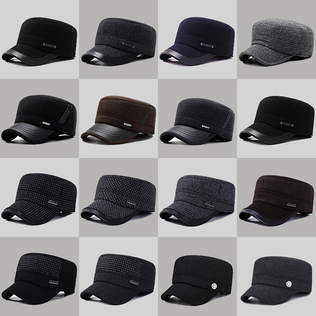Hat Men's Autumn and Winter Middle-aged and Elderly Woolen Warm Military Cap Ear Protector Thickened Flat Cap Old Man's Cotton Hat Men's Winter