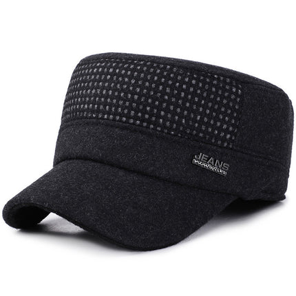 Hat Men's Autumn and Winter Middle-aged and Elderly Woolen Warm Military Cap Ear Protector Thickened Flat Cap Old Man's Cotton Hat Men's Winter