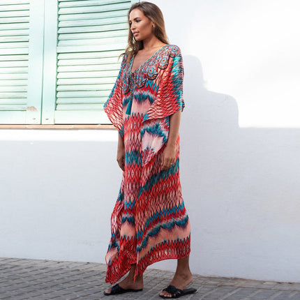 European and American Cross-border Wave Flower Loose Beach Dress Long Gown Seaside Holiday Sun Protection Dress Bikini Swimsuit Blouse