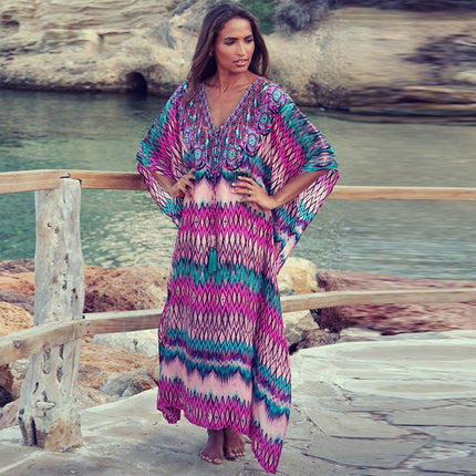 European and American Cross-border Wave Flower Loose Beach Dress Long Gown Seaside Holiday Sun Protection Dress Bikini Swimsuit Blouse