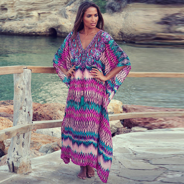 European and American Cross-border Wave Flower Loose Beach Dress Long Gown Seaside Holiday Sun Protection Dress Bikini Swimsuit Blouse