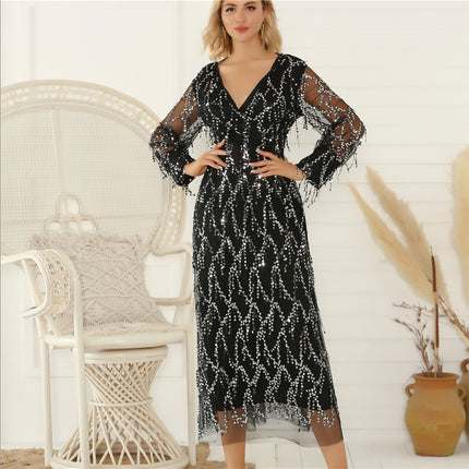 Foreign trade Amazon explosions Europe and the United States cross-border sexy V-neck tassel sequin dress dress women's clothing a generation of hair