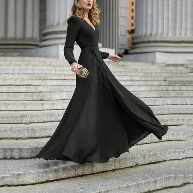 Cross-border European and American Dress V-Neck Long Sleeve Large Swing Lace-up Slim Elegant Amazon Dress Women's Spot Multicolor