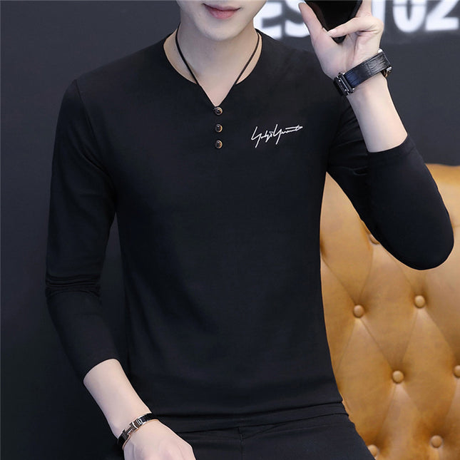 2019 Autumn and Winter Men's 95% Cotton Base Shirt Casual Slim Fit Small V-Neck Buttoned Long-Sleeve T-Shirt Long-Sleeve Base Shirt