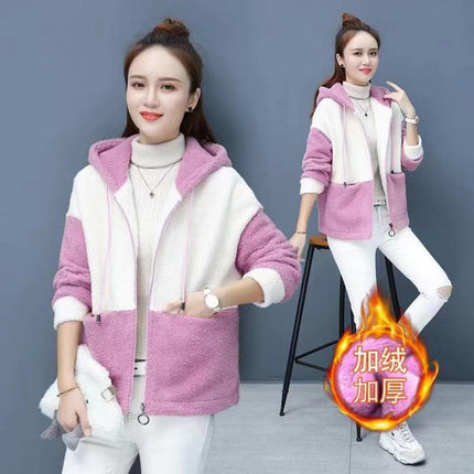 Lambskin Coat Women's 2019 Winter New Korean-style Loose Hooded Cardigan Thickened Stitching Zipper Short Coat for Women