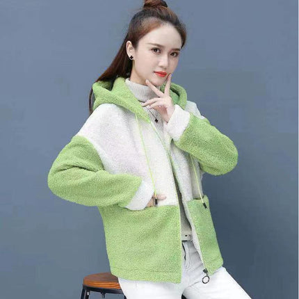 Lambskin Coat Women's 2019 Winter New Korean-style Loose Hooded Cardigan Thickened Stitching Zipper Short Coat for Women