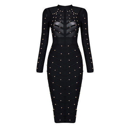 Cross-border e-commerce European and American Foreign Trade women's clothing heavy industry nailing perspective mesh long sleeve dress bandage dress hot sale