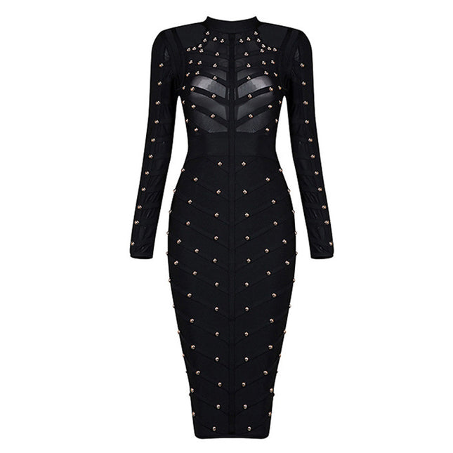 Cross-border e-commerce European and American Foreign Trade women's clothing heavy industry nailing perspective mesh long sleeve dress bandage dress hot sale