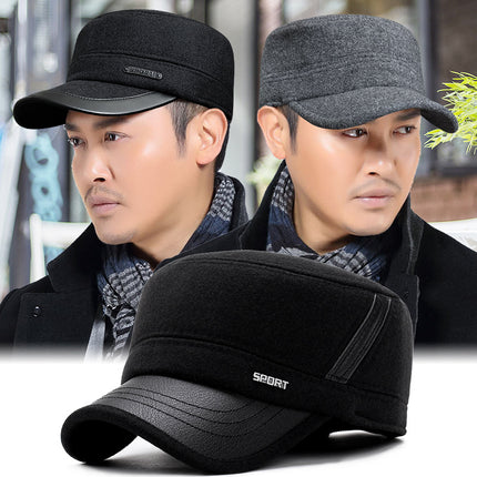Hat Men's Autumn and Winter Middle-aged and Elderly Woolen Warm Military Cap Ear Protector Thickened Flat Cap Old Man's Cotton Hat Men's Winter