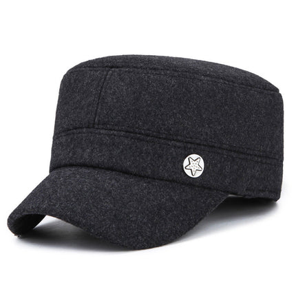 Hat Men's Autumn and Winter Middle-aged and Elderly Woolen Warm Military Cap Ear Protector Thickened Flat Cap Old Man's Cotton Hat Men's Winter