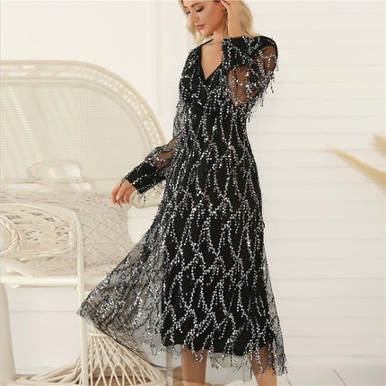 Foreign trade Amazon explosions Europe and the United States cross-border sexy V-neck tassel sequin dress dress women's clothing a generation of hair