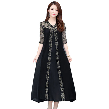 Spring Outfit for Plus-Size Women: Over-The-Knee Dress That Hides the Belly and Looks Slimming, Lace Long Dress with a Trendy Patchwork Design